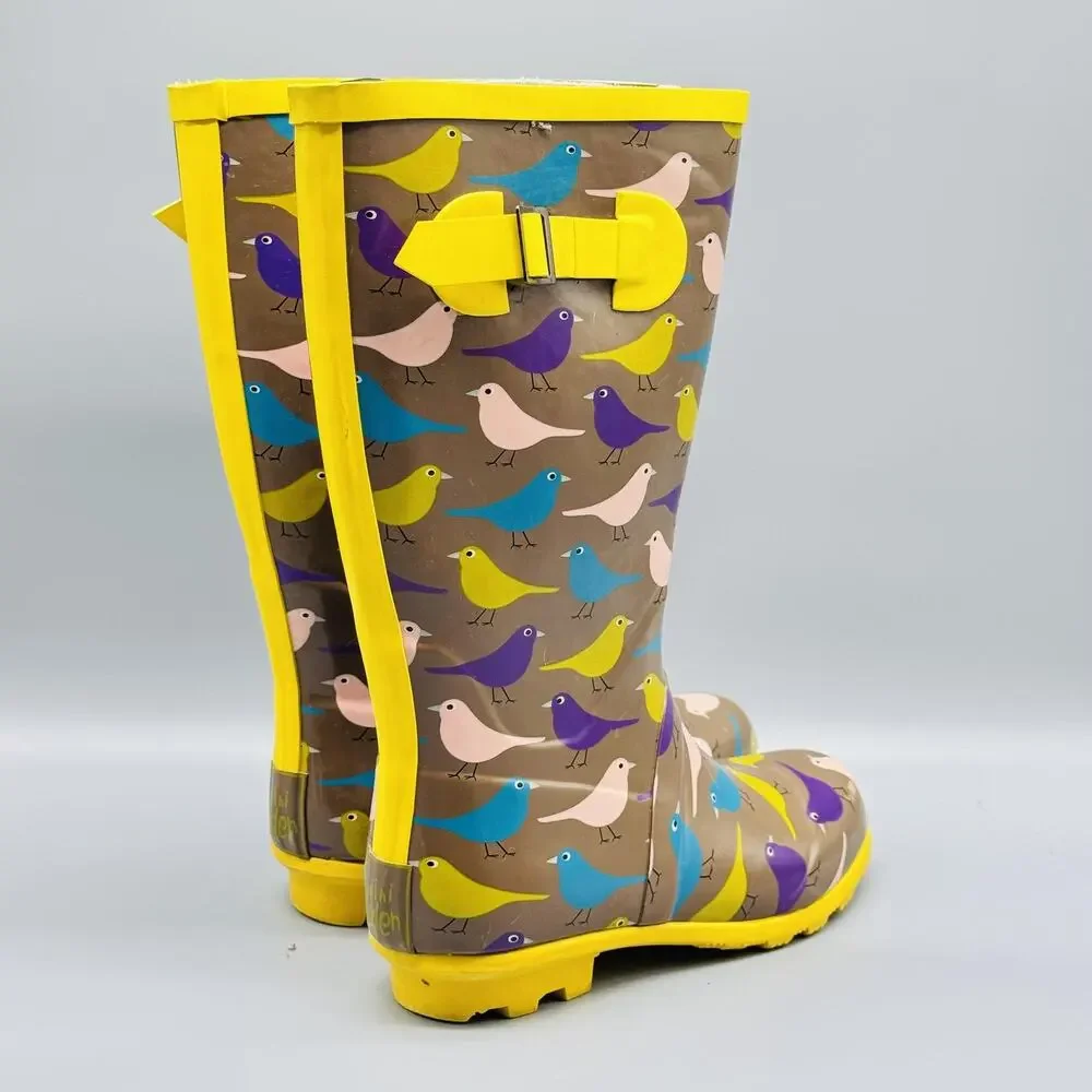 Mini Boden Boots Youth Girls 3‎ Yellow Brown Rain Bird Print Rubber Tall